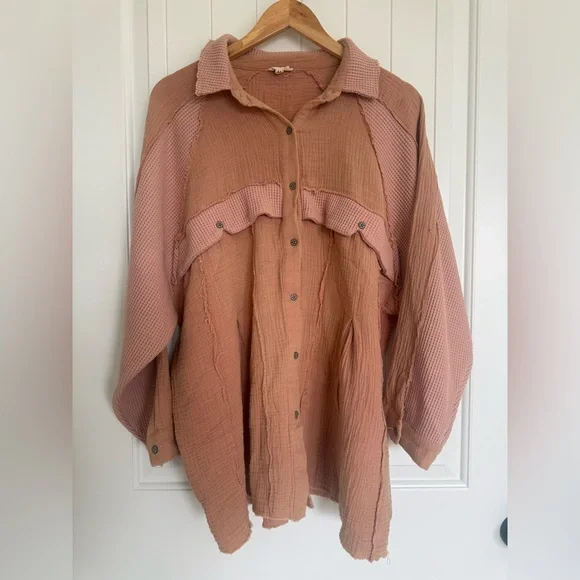 POL Lagenlook Waffle Knit Gauze Oversized Button Down Shacket Top Medium - Picture 2 of 9